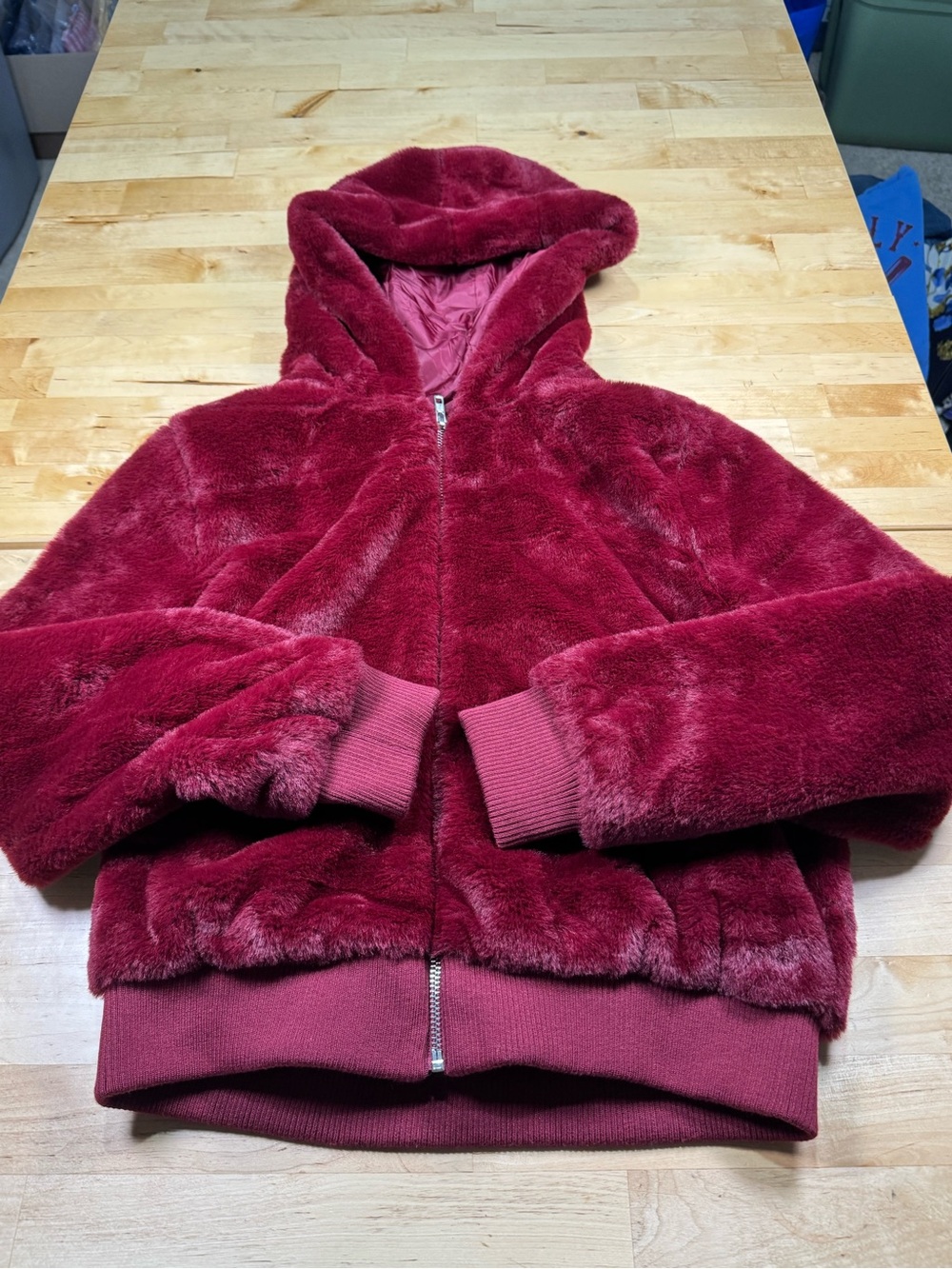 Burgundy Faux Fur Hooded BomberJacket - Women